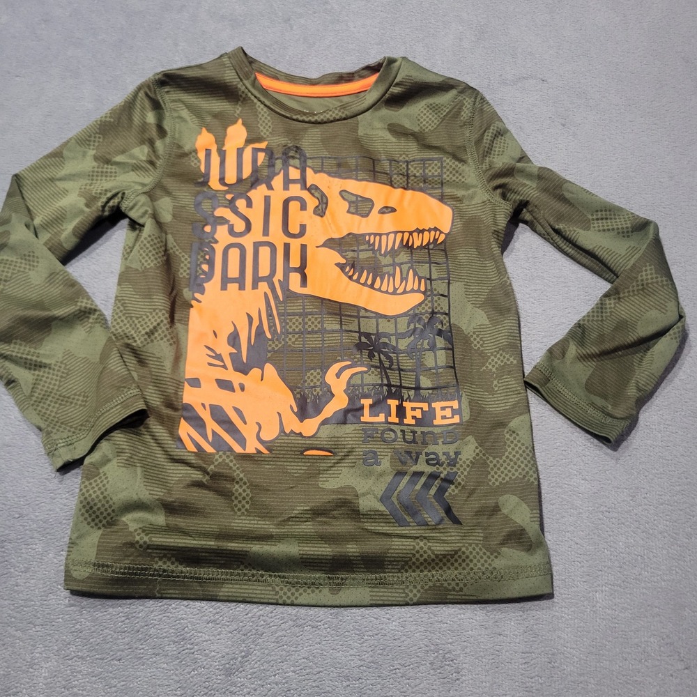 Jumping Beans Active Shirt Boys 4 Green Jurassic Park Camo Long Sleeve T-Rex Tee